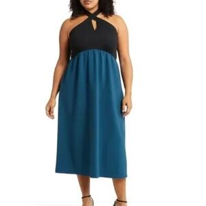 Chelsea28 Mixed Media Dress Halter Neck Colorblock Black Blue Ceramic NWT 2X